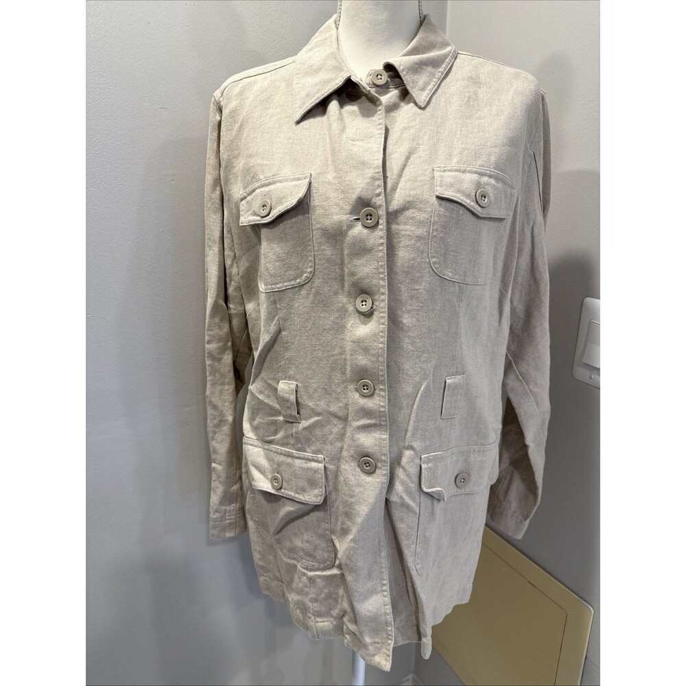 Relativity Linen Safari Jacket Women’s Size L Beige Button Front Utility